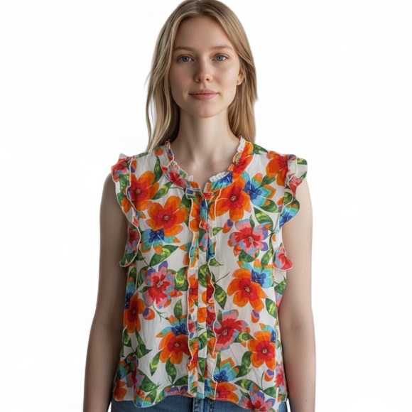 SUNNY LEIGH women's flowy ruffle floral blouse white background size large beach - Picture 1 of 6